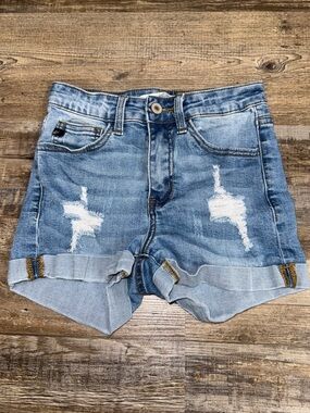 Kancan Distressed Denim Shorts High Rise Cuffed Stretch Medium Wash Size 23